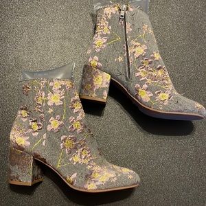 Denim bootie with yellow and purple embroidered flowers! NWOT